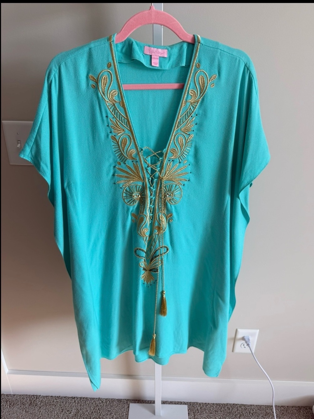 Lilly Pulitzer Chai Caftan Seaside Aqua Gold Embroidered Dress - size XXS/XS